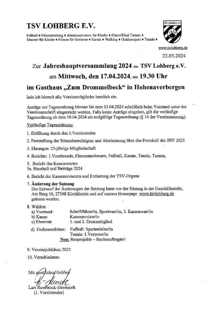 Jahreshauptversammlung am 17.04.2024 @ Gasthaus "Zum Drommelbeck"